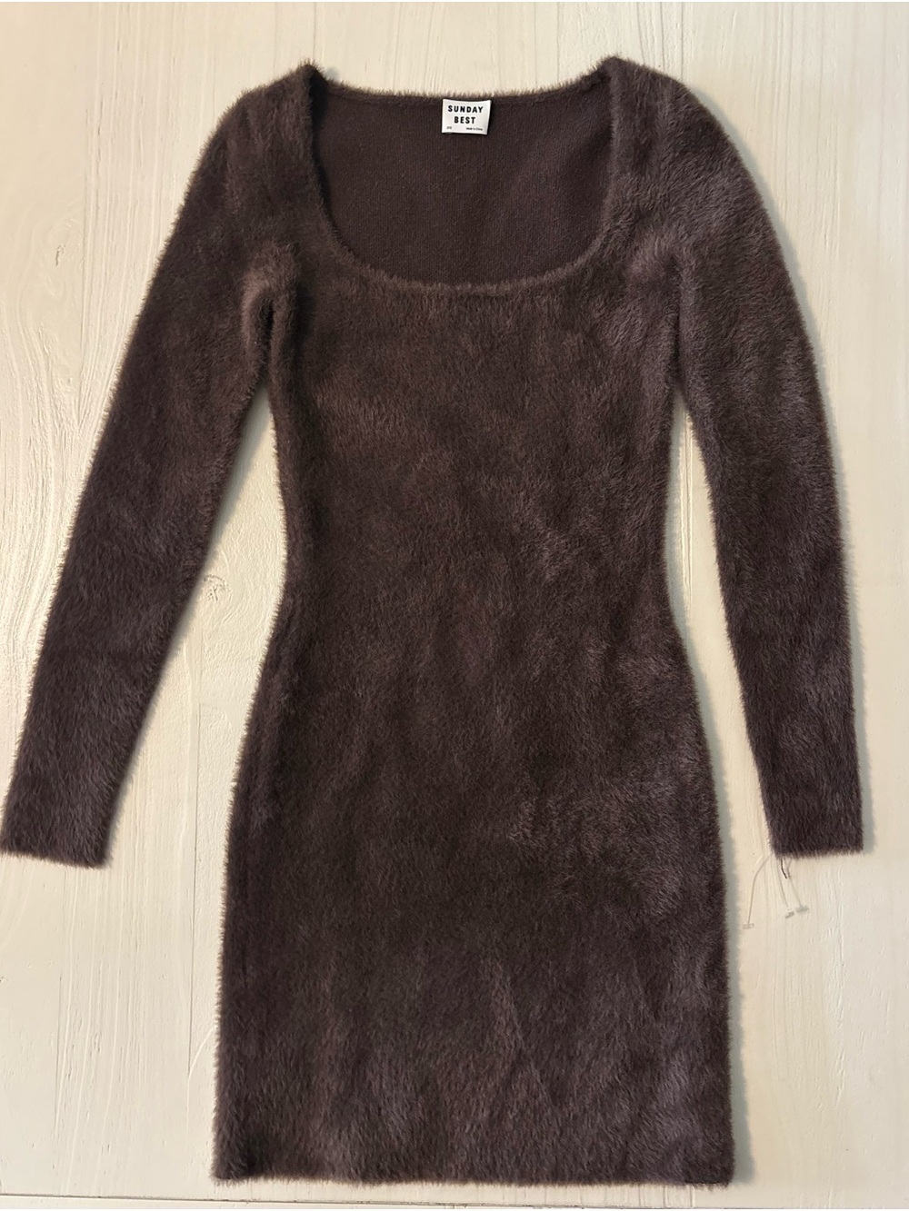 Aritzia Sunday Best Brown Fuzzy Long-Sleeve Bodycon Dress